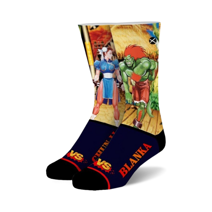 Crew socks featuring Chun-Li and Blanka from Street Fighter.  Blue, red, and green pixel art designs on a navy blue background.