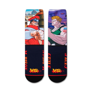 Pair of Street Fighter M. Bison vs. Guile socks shown on a white background.