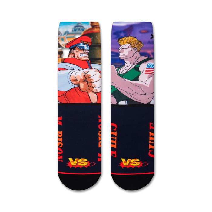 Pair of Street Fighter M. Bison vs. Guile socks shown on a white background.