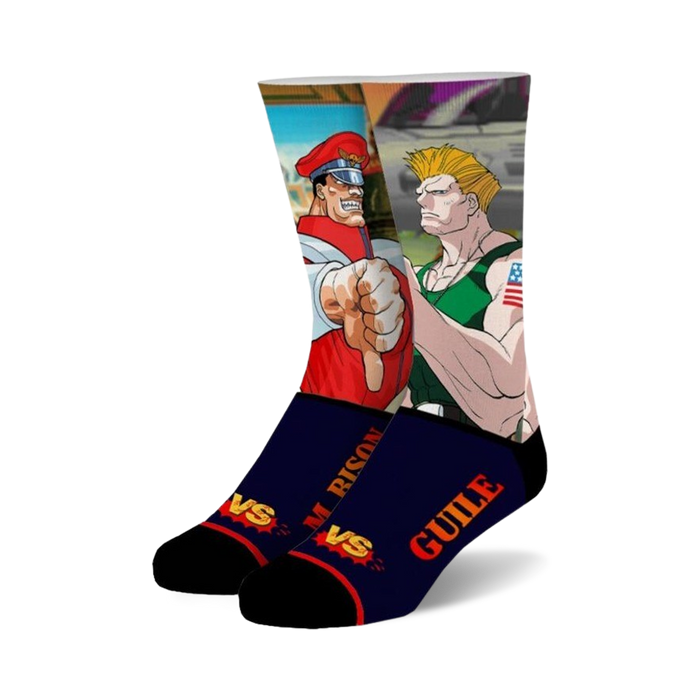 Crew socks showcasing Street Fighter's M. Bison and Guile in vibrant red, green, and navy blue.  Pixel art design with the characters facing off.