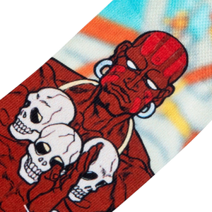 Close-up detail shot of Dhalsim's face and skull imagery on the sock.