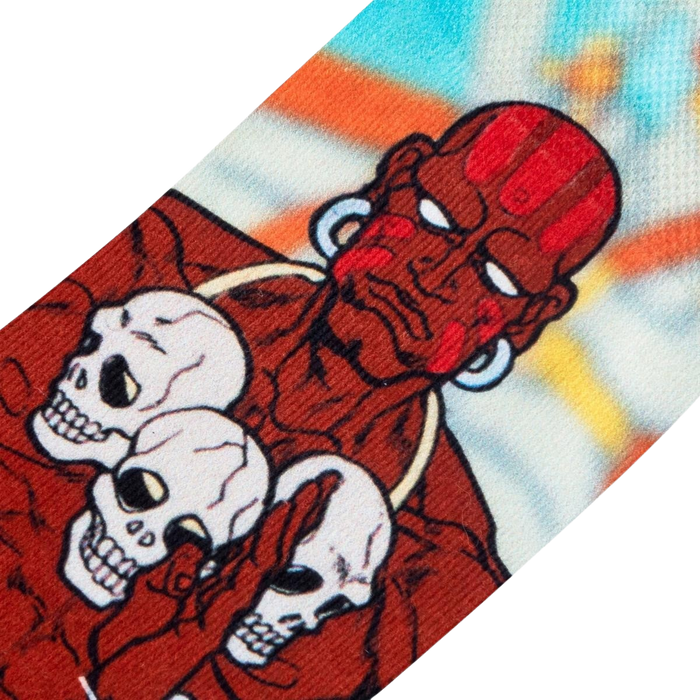 Close-up detail shot of Dhalsim's face and skull imagery on the sock.