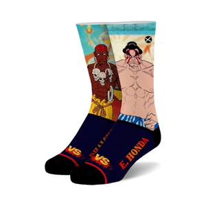 Crew socks featuring Street Fighter characters Dhalsim and E. Honda in red, blue, and black.