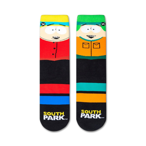Flatlay image showcasing a pair of South Park crew socks featuring Stan and Kyle.