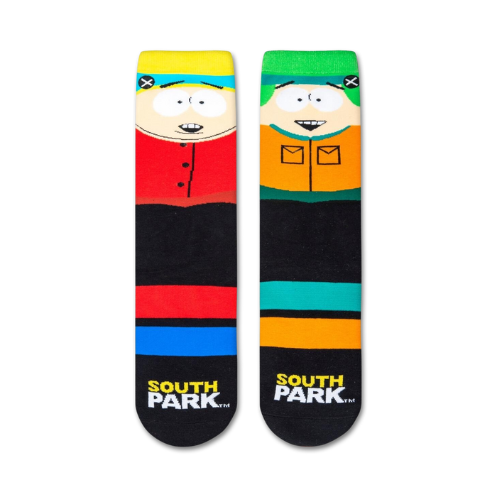 Flatlay image showcasing a pair of South Park crew socks featuring Stan and Kyle.