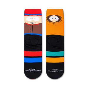 Close-up view of South Park socks highlighting the colorful stripes and character details.