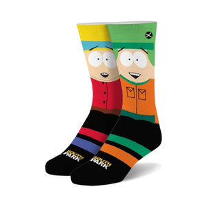 Pair of South Park crew socks; Stan and Kyle's faces on black background with red, orange, blue, and green stripes.