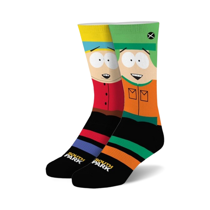 Pair of South Park crew socks; Stan and Kyle's faces on black background with red, orange, blue, and green stripes.