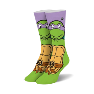 Crew socks showcasing Donatello from TMNT. Purple, green, and yellow colors with Donatello's face and shell design.