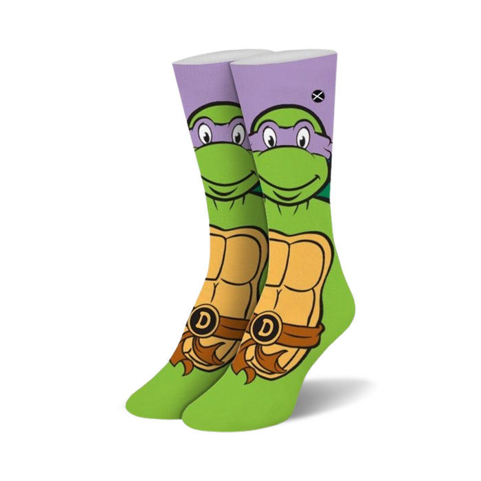 Crew socks showcasing Donatello from TMNT. Purple, green, and yellow colors with Donatello's face and shell design.