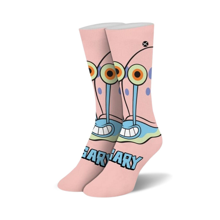 Pair of pink crew socks featuring Spongebob's pet snail, Gary.  Gary's face is prominently displayed with his signature eyes and shell.