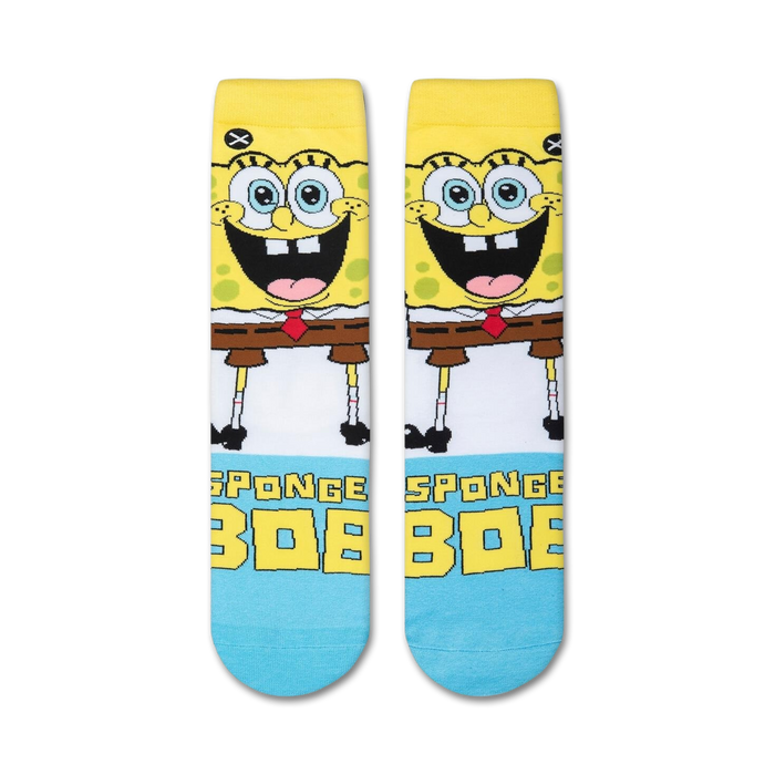 Flatlay image showing two Spongebob Squarepants Smilepants socks.