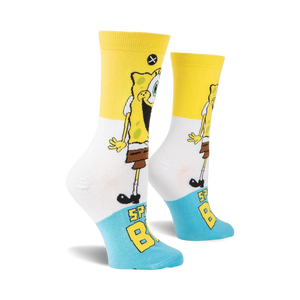 Lifestyle shot of Spongebob Squarepants Smilepants socks on a model's feet.