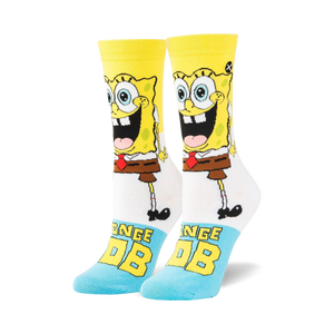 Pair of crew socks. Yellow, white, and light blue. Features a full-body image of Spongebob Squarepants and his name.