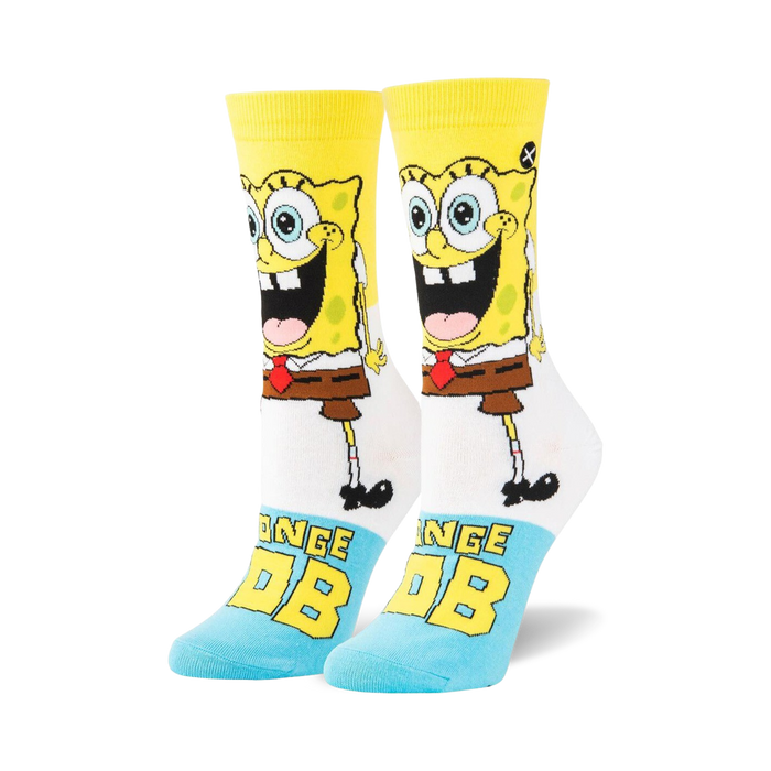 Pair of crew socks. Yellow, white, and light blue. Features a full-body image of Spongebob Squarepants and his name.