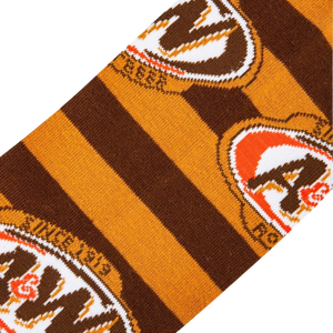 Close-up detail shot highlighting the A&W logo and striped knit texture of the socks.