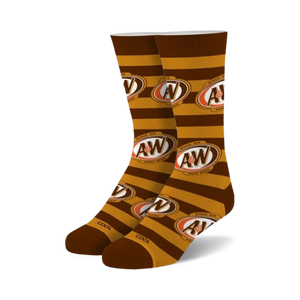 Pair of A&W Root Beer crew socks in brown and gold.  The socks feature horizontal stripes and repeating A&W logos.