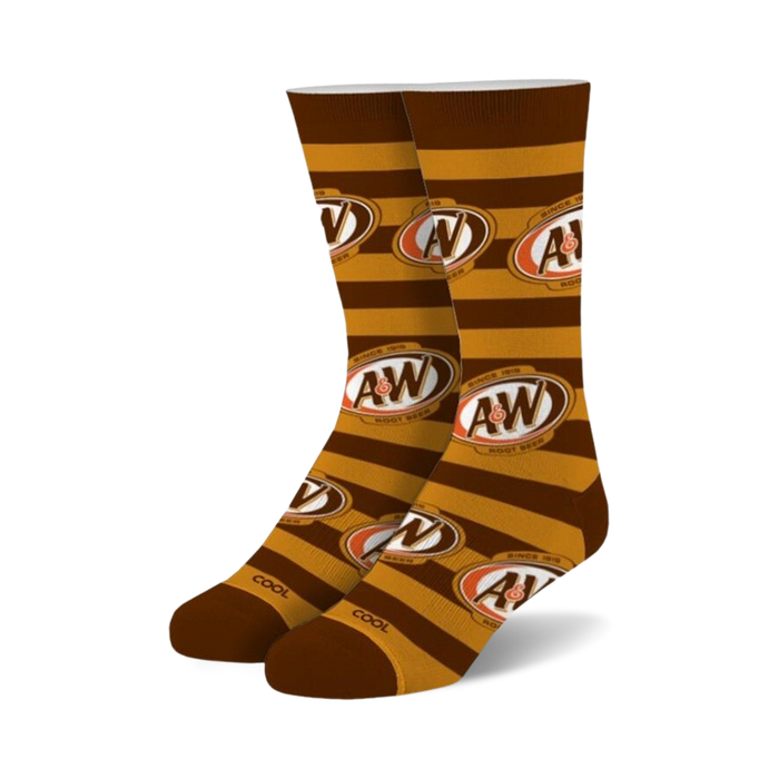 Pair of A&W Root Beer crew socks in brown and gold.  The socks feature horizontal stripes and repeating A&W logos.