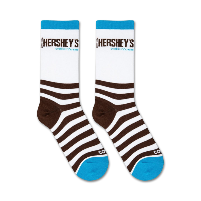 Flatlay showcasing a pair of Hershey's Cookies & Creme socks. The image highlights the sock's design and color scheme.