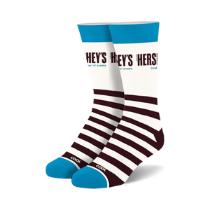 mens, womens, brown and white striped, blue top, hershey's cookies & creme novelty crew-length, comfy.  
