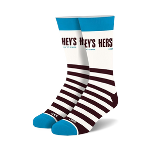 Pair of crew socks; white, brown, and teal.  Features Hershey's Cookies & Creme branding and chocolate-inspired stripes.
