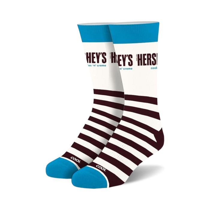Pair of crew socks; white, brown, and teal.  Features Hershey's Cookies & Creme branding and chocolate-inspired stripes.