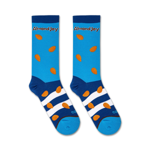 A pair of blue socks with a pattern of brown almond nuts. The socks have white stripes at the ankle and a blue toe and heel. The word 