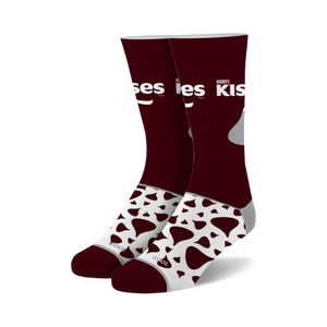 Pair of maroon crew socks with a white and brown Hershey's Kisses design. The Kisses pattern is on the lower part of the socks.