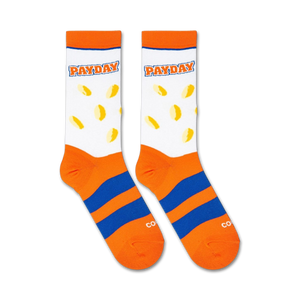 Flatlay showcasing a pair of Payday socks.  The candy and stripes are clearly visible.