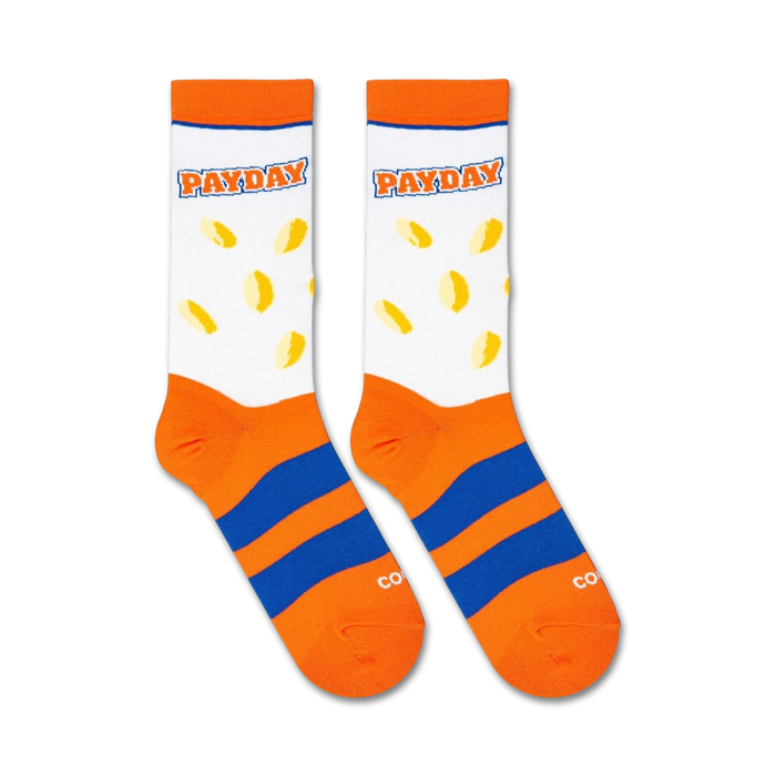 Flatlay showcasing a pair of Payday socks.  The candy and stripes are clearly visible.