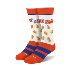 Pair of crew socks. White with orange and blue stripes, peanut candies, and 'Payday' text.