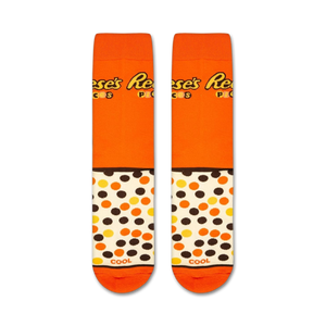 Flatlay product shot of two Reese's Pieces socks showcasing the full design.