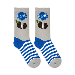 Flatlay of two York Peppermint Pattie socks showing the design details.