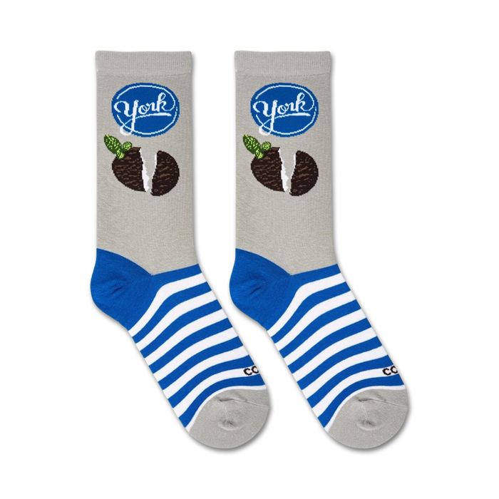 Flatlay of two York Peppermint Pattie socks showing the design details.