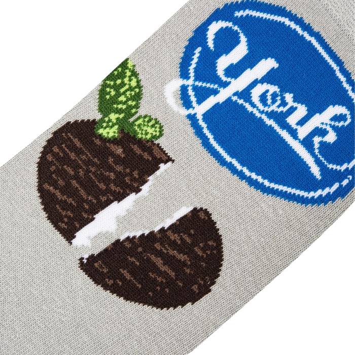 Close-up detail shot of the York Peppermint Pattie and logo knit on the socks.