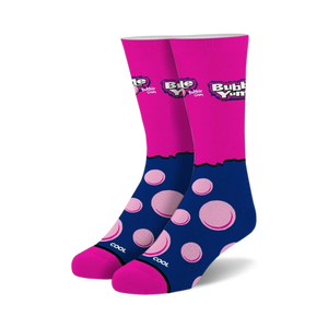 Pair of crew socks in pink and navy blue.  Features Bubble Yum logo and pink bubblegum design.