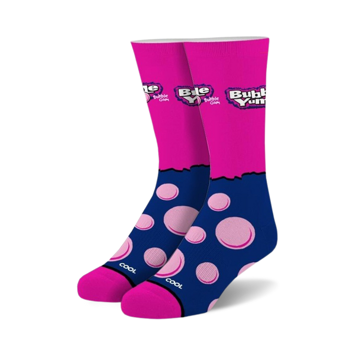 Pair of crew socks in pink and navy blue.  Features Bubble Yum logo and pink bubblegum design.
