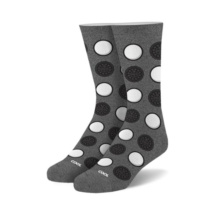 Pair of gray crew socks with a repeating pattern of black and white Oreo cookies.