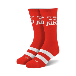 Pair of red crew socks with white stripes and the phrase 'You Had Me At Jell-O' in white lettering.