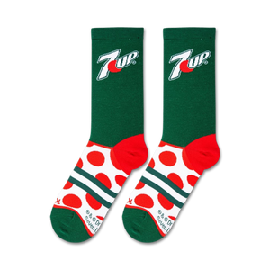 Flatlay of two 7UP Big Dots socks showcasing the design details and color scheme.