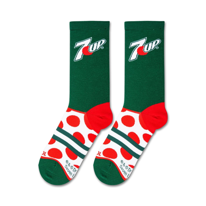 Flatlay of two 7UP Big Dots socks showcasing the design details and color scheme.
