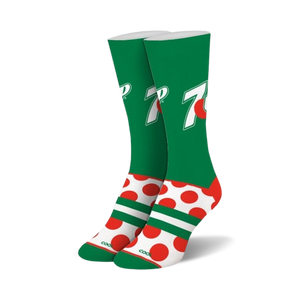 Pair of crew socks; green, white, and red; featuring the 7UP logo and red polka dots.