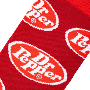 Close-up detail shot of the Dr Pepper logo on the socks.