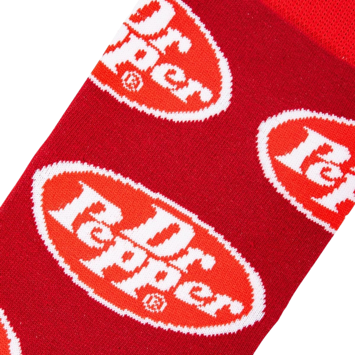 Close-up detail shot of the Dr Pepper logo on the socks.