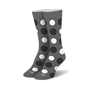 Pair of gray crew socks with a playful pattern of black and white Oreo cookie designs.