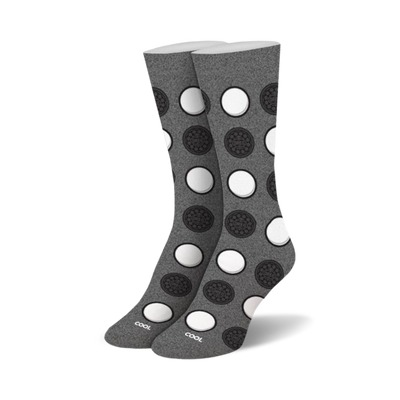 Pair of gray crew socks with a playful pattern of black and white Oreo cookie designs.