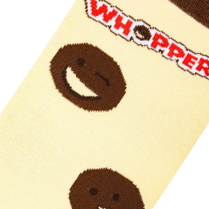 Close-up detail shot of Whoppers sock, emphasizing the Whopper-face emoji and text detail.