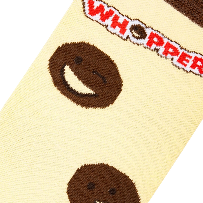 Close-up detail shot of Whoppers sock, emphasizing the Whopper-face emoji and text detail.