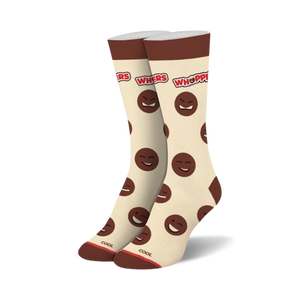 Pair of cream-colored crew socks with brown Whopper-face emojis and 'Whoppers' text. Fun, quirky design.