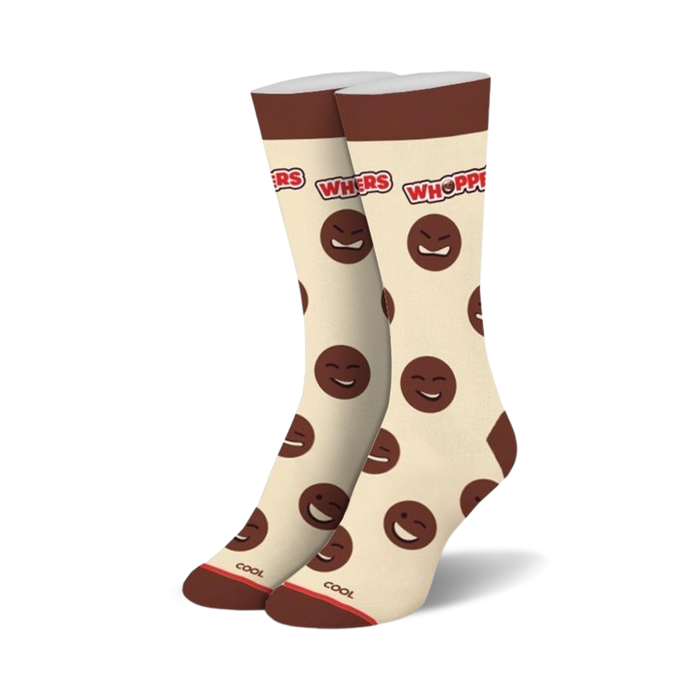 whimsical white crew socks featuring a pattern of smiling whopper faces.  